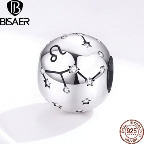 BISAER 925 Sterling Silver Twelve Constellations Leo Star Sign Zodiac Beads Charm Fit Charms Bracelets DIY Jewelry ECC1218