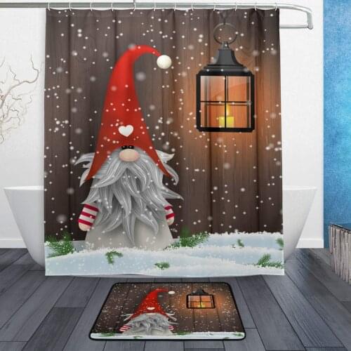 Stylish Set Christmas Folklore Elves Cute Gnome Polyester Fabric Bathroom Curtain