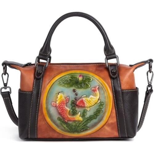 Women Genuine Leather Messenger Single Shoulder Top Handle Bags Female Fish Pattern Retro Cowhide Cross body Tote Bag Handbag