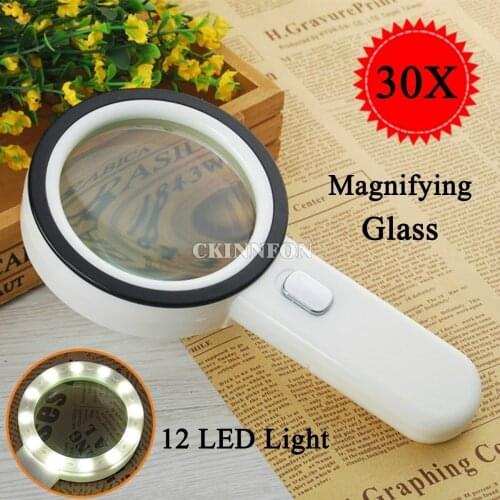 DHL 20PCS CKINNFON 30X LED Light Magnifying Glass Magnifier White Handheld Reading Jeweler Loupe Loop with 12 LED No Battery