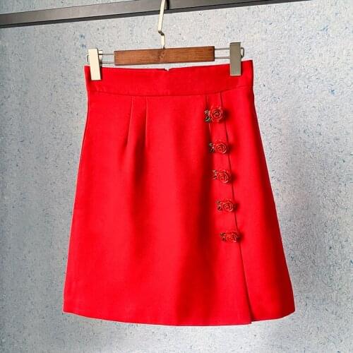 Runway High-Waist Sexy Split Design Mini Skirt Luxury Rose Button Elegant Fashion Red Ladies Skirt Summer Women Party Clothes