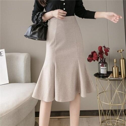 French Style Winter Women Solid Color High Wasit Woollens Mermaid Skirts Warm Slim Long Skirts Elegant All-match Lady Skirts