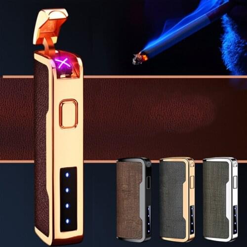 USB Charging Double Arc Lighter Windproof Retro Leather Pattern Cigarette Lighter Mens Gadget Cigarette Accessories