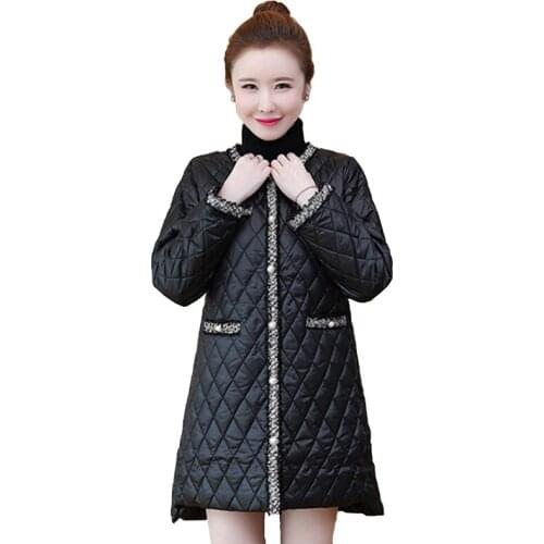 Korean 2020 Winter Jacket Women Round Neck Solid Black White Female Down Coat Loose Oversized Womens Diamond Plaid Long Parka