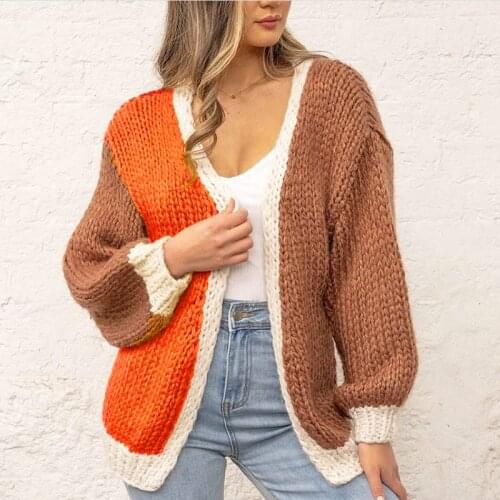 Women Knitted Cardigan Fashion Color Matching Long Sleeve V-neck Casual Knitwear Coats Fall Winter Female Loose Cardigan Sweater