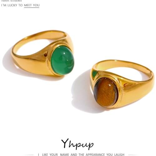 Yhpup 2021 Stainless Steel Natural Stone Ring for Women Stylish Metal Texture 18 K Finger Ring Accessories Anillos Mujer Gift