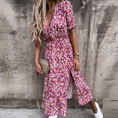 Women Boho Floral Dress Summer Casual Flower Printed Sexy V-neck Half Sleeve Dresses Ladies Beach Party High Waist Long Dress
