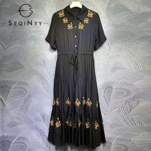 SEQINYY Elegant Midi Dress Summer Spring New Fashion Design Women Runway 85% Cotton Bird Embroidery High Quality A-Line