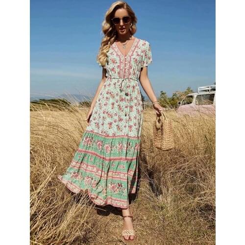 Happie Queens women Floral print beach Bohemian maxi dresses Ladies V neck front botton rayon Boho pleated Sundress vestidos