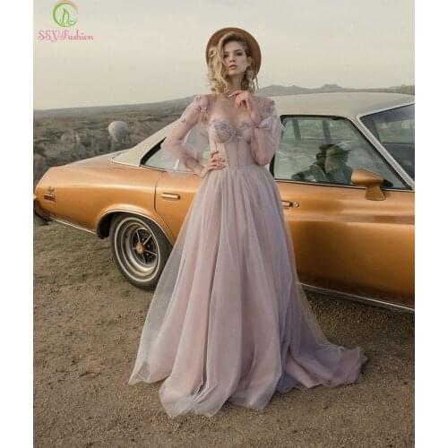 SSYFashion New Sweet Pink Purple Evening Dress for Women Sweetheart Long Sleeve A-line Flower Beading Prom Formal Gown Vestidos