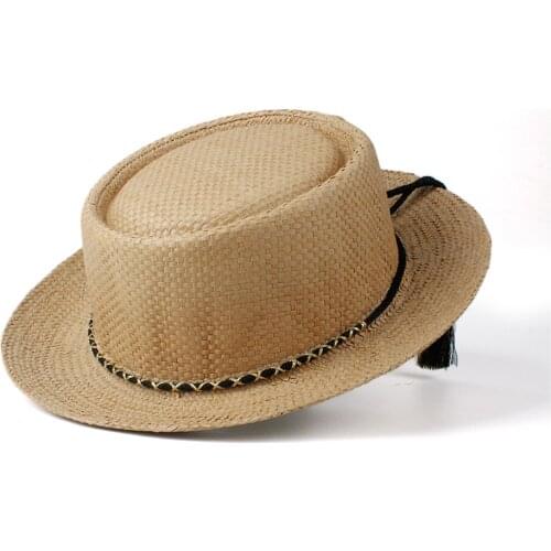 2019 100% Straw Women Men Sun Hat Summer Pork Pie Hat Sunbonnet Hat Lady Flat Boater Beach Panama Sunhat Beach Hat Size 57-60cm