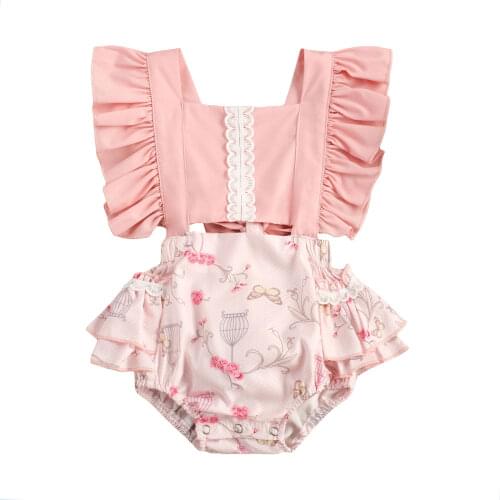 2021 0-24M Summer Baby Girl Romper Sweet Floral Jumpsuit High Waist Hollow Flower Printed Ruffle Fly Sleeve Side Pocket Clothes
