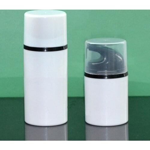 50ML white plastic airless lotion bottle with black pump and white or transparent lid for cosmetic packaging products