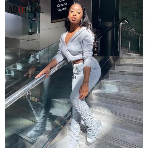 Adogirl Zipper Hoodies Top + Stacked Sweatpants Sets Casual 2 Piece Sets Womens Outfis Solid Tracksuit Matching Sets Plus Size