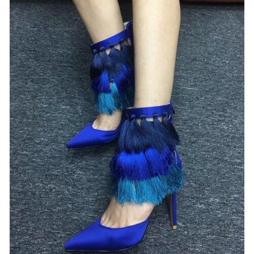 Blue Silk Mixed Colors Tassel Covered Ankle Boots Mujer Thin High Heels Pointed Toe Sandals Boots Cutout Fringed Booties