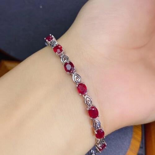 Fashion Natural Ruby Gem Charm Bracelet for Women Silver with 925 Sterling Sliver Heart Wedding&Birthday Vintage Jewelry