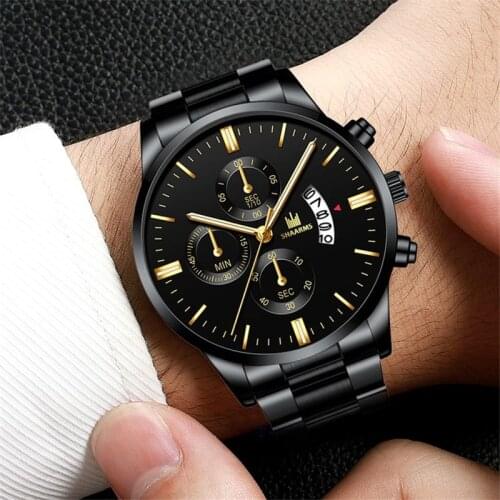 SHAARMS Mens Watches Stainless Steel Metal Strap Fashion Calendar Chronograph Quartz Watches Luxury Business Sport Clock