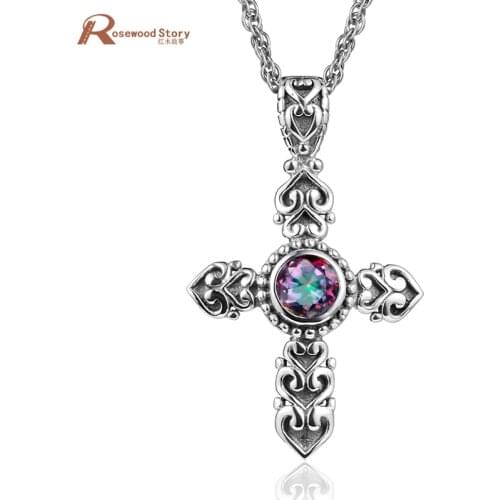 Pure 925 Sterling Silver Cross Pendant Created Mystical Fire Rainbow Lab Topaz CZ Stone Pendant Fashion Vintage Brand Jewelry