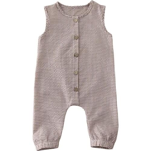Baby Newborn Girls Boys Plaid Button Sleeveless Romper Infant Toddler O Neck Summer Rompers Jumpsuits Baby Clothing 0-18M