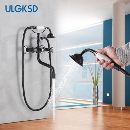 ULGKSD Bathroom Shower Set Wall Mount Bath & Shower Faucet Black Bronze Dual Handle W/Tub Filler Hot and Cold Mixer Tap