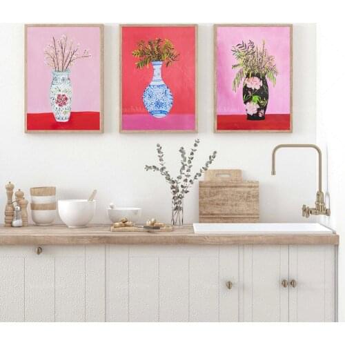 Gin illustration printing, gin with flowers, Chinese style vase print 3-piece set, blue and white Chinese style floral decoratio