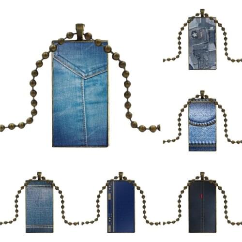 Blue Jeans Denim For Girls Fashion Glass Cabochon Pendant Necklace With Women Bronze Plated Statement Jewelry