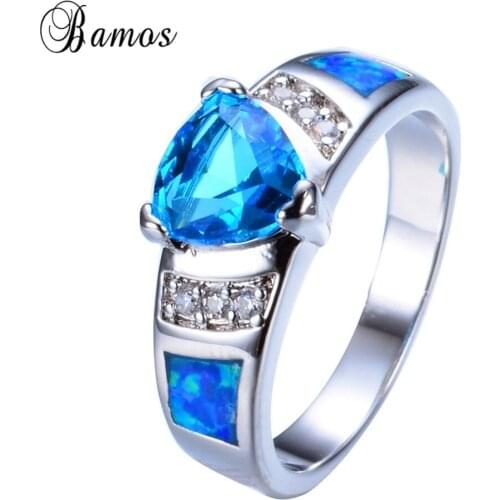 Bamos Vintage White Gold Filled Wedding Rings For Women Blue Fire Opal Promise Ring Luxury Crystal Jewelry Mothers Day Gift