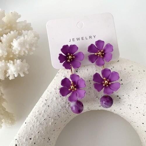 Fashion Purple Petal Earrings for Women 925 Silver Pin Korea Temperament Sweet Flower Dangle Jewelry Luxury Paint Earrings