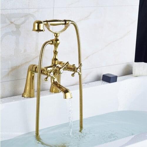 Deck Mount Modern Luxury Gold Brass Bathroom Tub Faucet Set with 150CM Handheld Shower Spray Head Bath Mixer Tap 2tf085