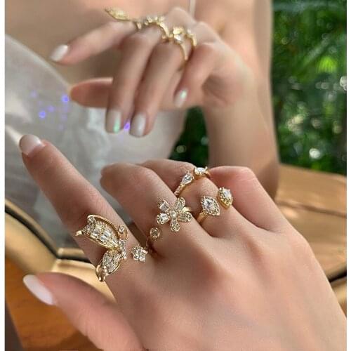 Womens Sterling Stackable Ring Cute Butterfly Flowers Opening Resizable Zircon Wedding Party Rings Set for Female