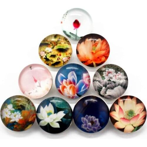New Style 20pcs/lot Beauty Lotus Pattern Glass Snap Buttons Randomly Pattern Fit 18mm/20mm DIY Snap Bracelet Buttons Jewelry