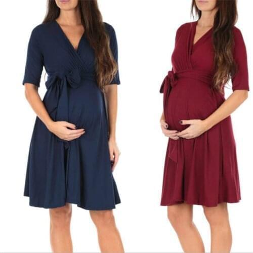 Pregnancy Women Faux Wrap Maternity Dress with Adjustable Half Sleeve Belt V Neck Breastfeeding Dresses Casual Nursing Dress