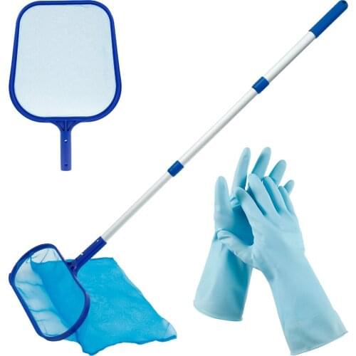 Professional Swimming Pool Skimmer Net Set Leaf Rake Deep Bag Swimming Pool Cleaning Nets with Adjustable Telescopic Pole Gloves