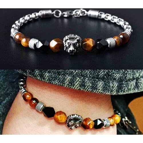Adjustable lion bracelet men women 8mm natural stone beads bracelets Stainless steel Jewellery for pulsera hombre armband 2021