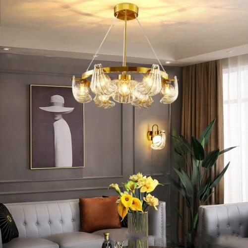 Nordic shell chandelier copper modern simple restaurant bedroom LED crystal glass chandelier dining room fashion study