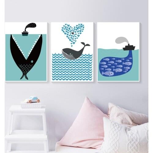 Spray Color Heart Abstract Cartoon Fish Whale Blue Sea Landscape Canvas Painting Wall Picture Poster Nursery Room Decoration