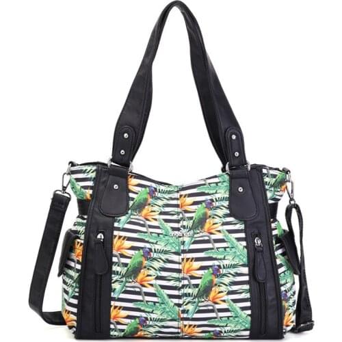 Angel Kiss Brand Women Black Floral Shoulder Bag Female Flower Printed Handbag Messenger Tote Purse with Adjustable Long Strap