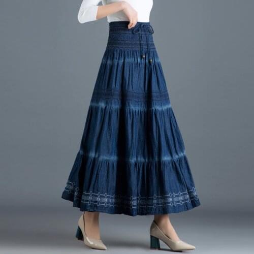 Woman Spring Autumn Denim Long Skirt 2019 Korean Style Vintage Woman High Elastic Waist Denim A Line Maxi Skirt Blue Jeans Skirt
