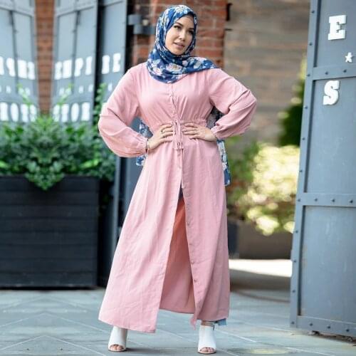 New Fashion Muslim Lapel Solid Color Full Button Slim Dress Long Skirt Pure Color Elastic Manual Waist Waist Ladies Casual Dress