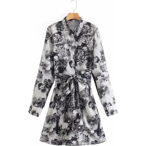 Women Shirt Dress Ink Print Sashes Long Sleeve Spring Casual Loose Fashion Elegant Office Lady Vestidos Mujer 2021