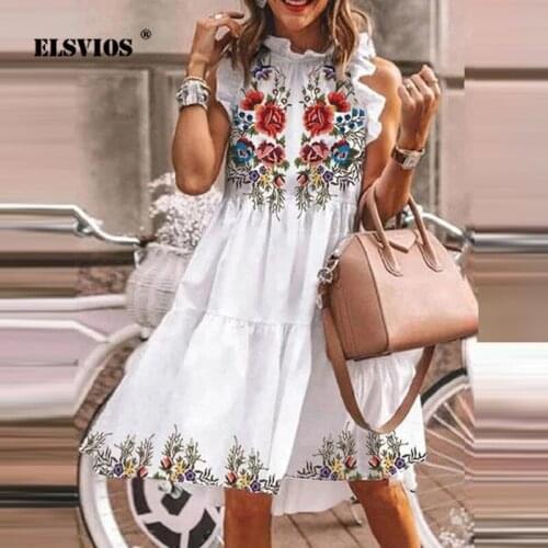 Petal Sleeve Half High Collar Mid Dress Summer Fashion Floral Print Sleeveless Spliced Beach Dress Womens Basic Casual Vestidos