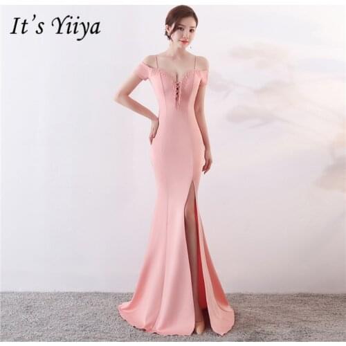 Its Yiiya Black Pink evening dress Floor-length short sleeve Elegant Boat neck long Porm dresses Fashion Formal Party gown C068