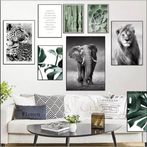 Animal Plant Leaf Canvas Painting Lion Poster Black White Prints Wall Art Pictures for Living Room Modern Home Decoration