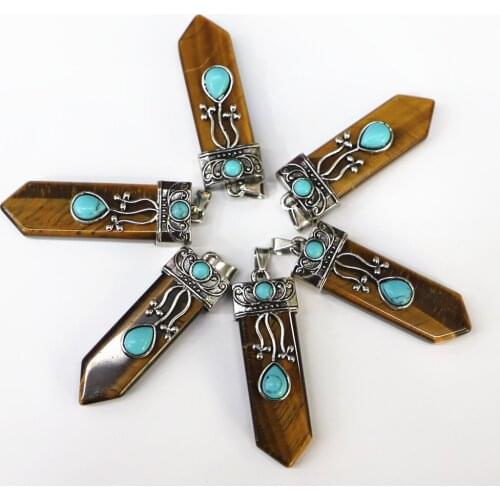 6pc/batch Wholesale Fashion Natural 7 Chakra Tiger Eye Crystal Point Pendulum Healing Chakra Pendant for Jewelry Making