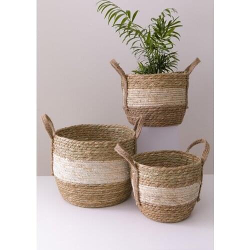 Stella White Stripe Straw Basket 3 Size Lux Organizer, Flower Pot Basket, Decorative Basket, Home Decor