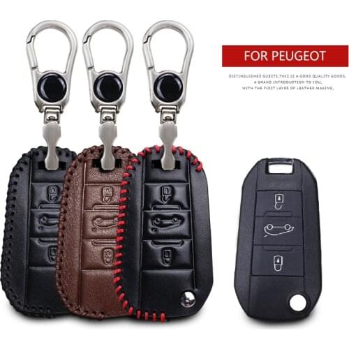 Genuine Leather Car Key Case Cover For Peugeot 2008 3008 5008 106 206 306 107 207 307 407 607 208 308 SW 408 508 Keyring Chain