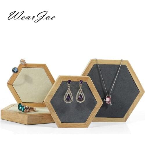 Solid Wood Regular Hexagon Jewelry Display Board Case Necklace Earring Ring Holder Stand Organizer Pad Photography Prop 2pcs/set