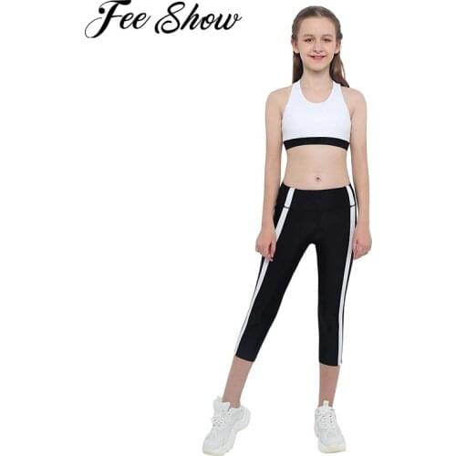Kids Girls Two Pieces Yoga Sportsuits Sleeveless Y-Shaped Back Crop Top with Elastic High Waist Sport Leggings Set for Children