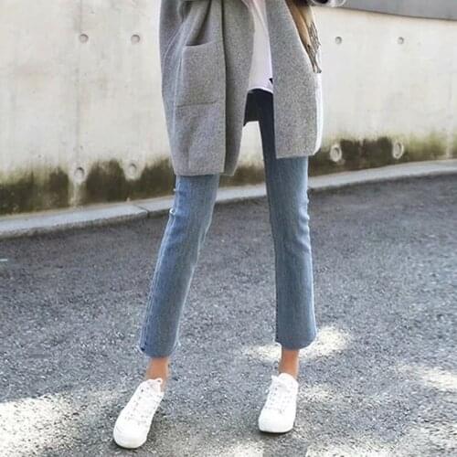 Denim Jeans womens autumn winter new Korean style slim straight all-match light blue tight-fitting ripped ankle length pants