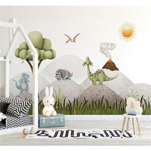 Customized large 8D wallpaper wall cloth Nordic nostalgic cartoon dinosaur illustrations childrens room background wall
